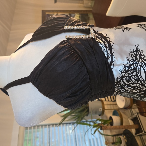 Vintage Cache Y2K Embellished Plunge Halter Paisly Satin Evening Gown Size 2 - Picture 3 of 11